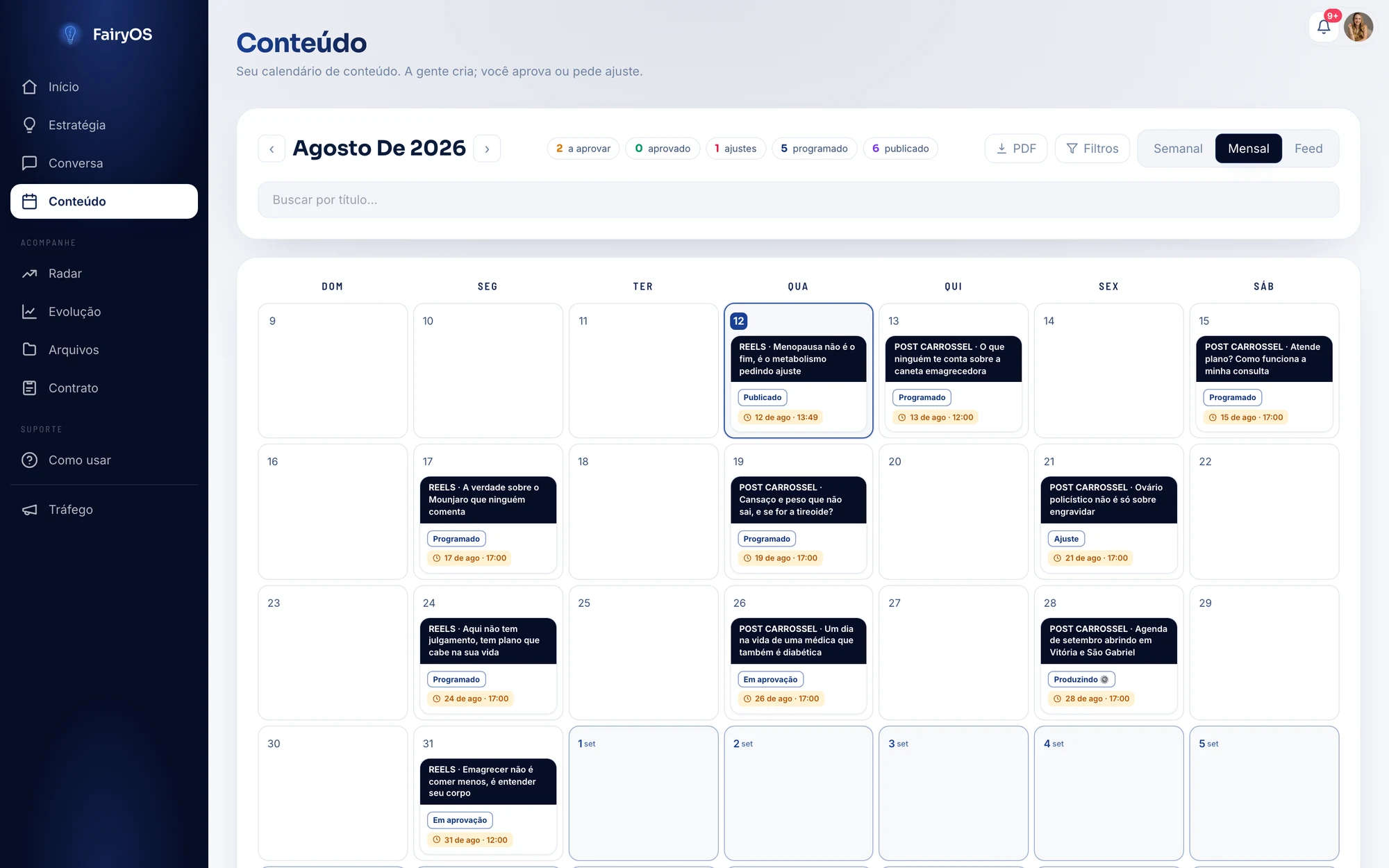 Calendário de conteúdo no FairyOS
